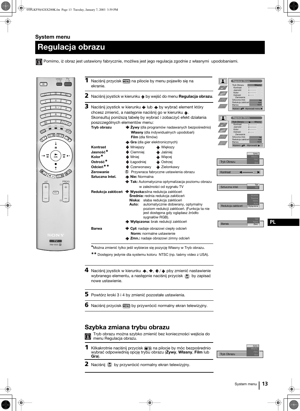 Regulacja obrazu, Szybka zmiana trybu obrazu, 13 pl | System menu | Sony Grand Wega KF-42SX200K User Manual | Page 152 / 212