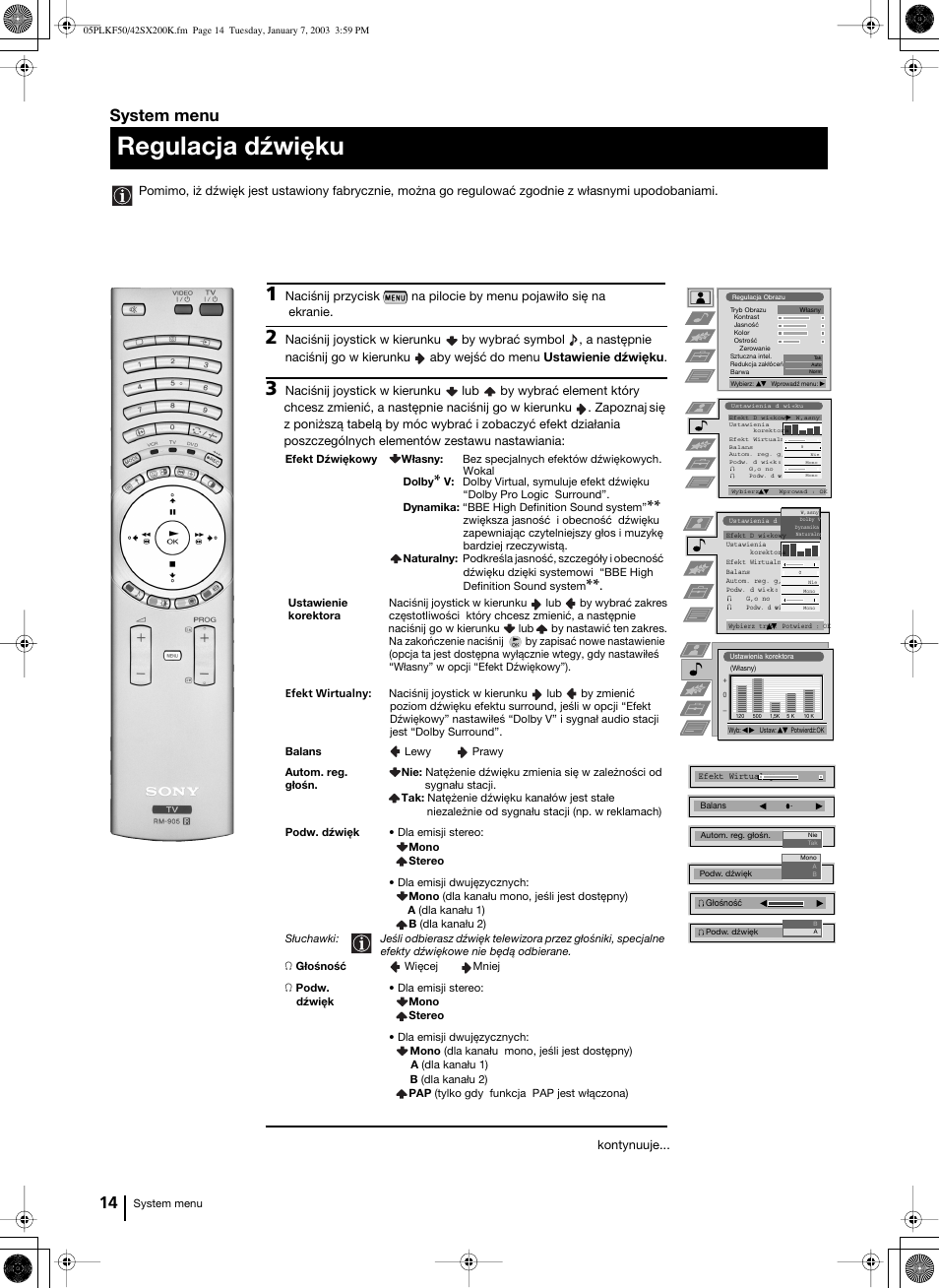 Regulacja dźwięku, System menu | Sony Grand Wega KF-42SX200K User Manual | Page 153 / 212