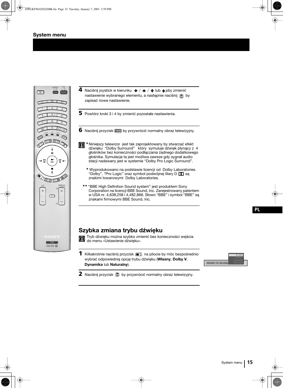 Szybka zmiana trybu dźwięku, 15 pl system menu | Sony Grand Wega KF-42SX200K User Manual | Page 154 / 212