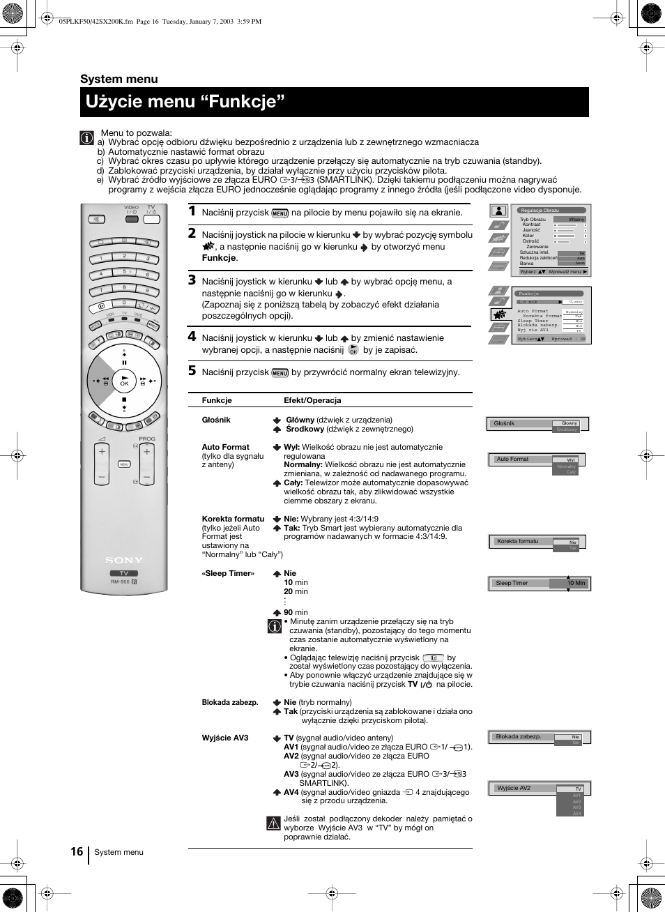 Użycie menu “funkcje, System menu | Sony Grand Wega KF-42SX200K User Manual | Page 155 / 212