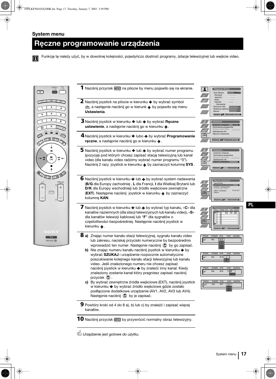 Ręczne programowanie urządzenia, 17 pl, System menu | Sony Grand Wega KF-42SX200K User Manual | Page 156 / 212