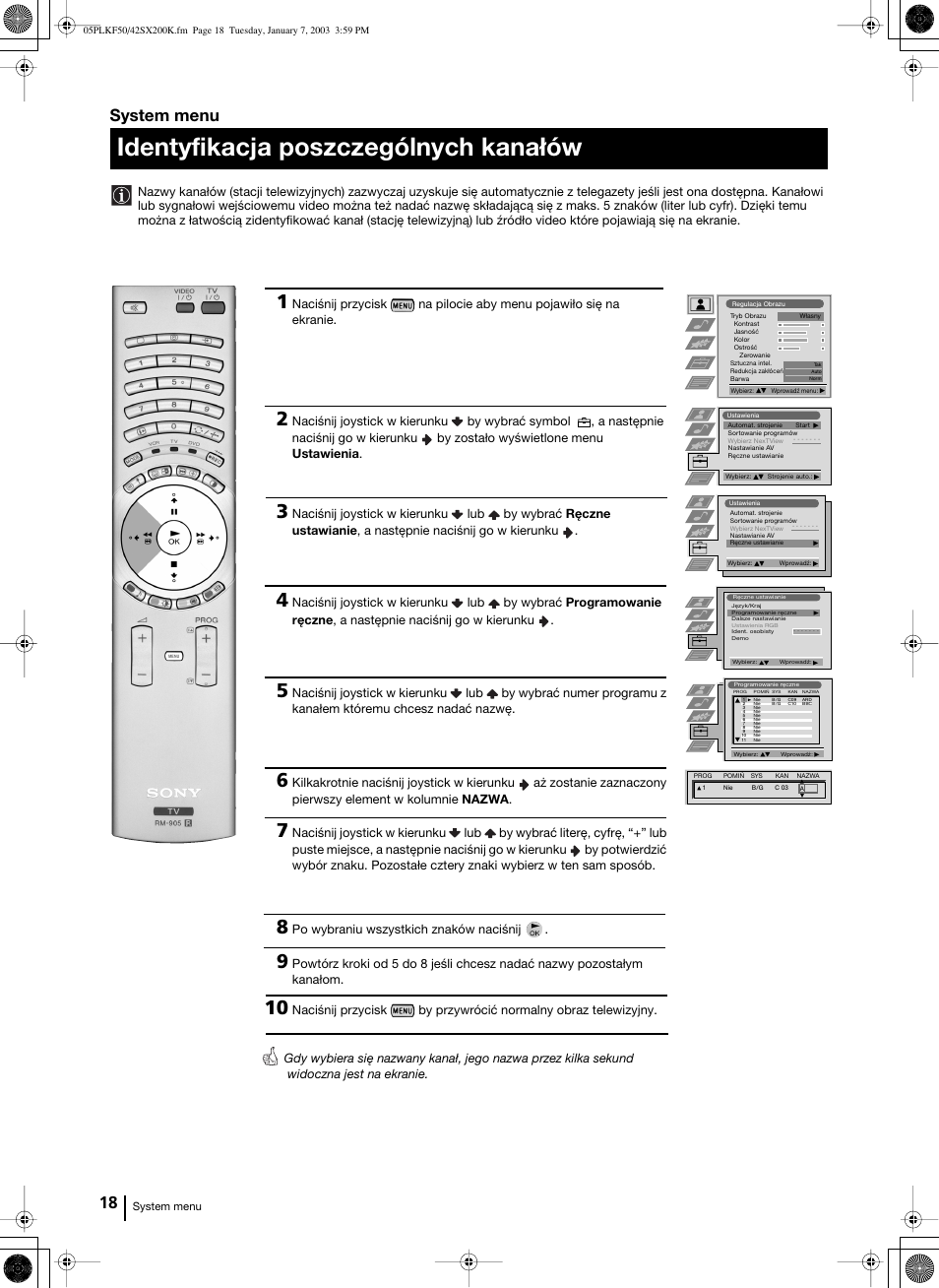 Identyfikacja poszczególnych kanałów, System menu | Sony Grand Wega KF-42SX200K User Manual | Page 157 / 212