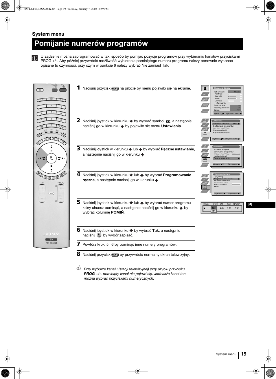 Pomijanie numerów programów, 19 pl, System menu | Sony Grand Wega KF-42SX200K User Manual | Page 158 / 212