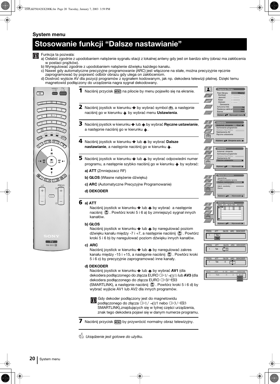 Stosowanie funkcji “dalsze nastawianie, System menu | Sony Grand Wega KF-42SX200K User Manual | Page 159 / 212