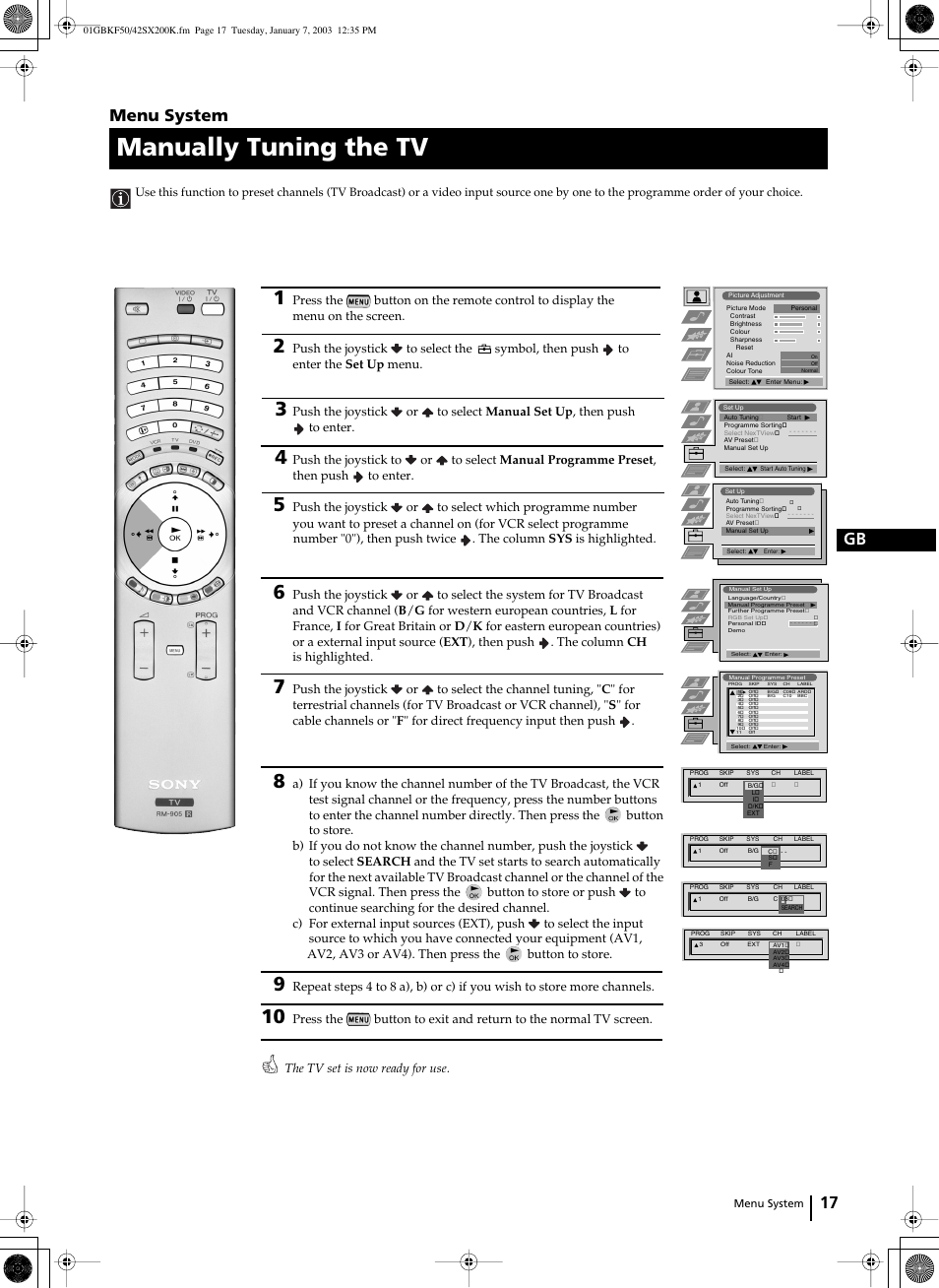 Manually tuning the tv, 17 gb, Menu system | Sony Grand Wega KF-42SX200K User Manual | Page 16 / 212