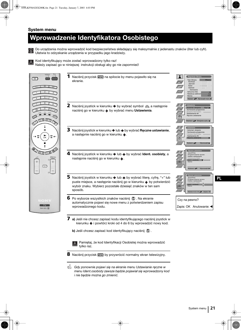 Wprowadzenie identyfikatora osobistego, 21 pl, System menu | Sony Grand Wega KF-42SX200K User Manual | Page 160 / 212