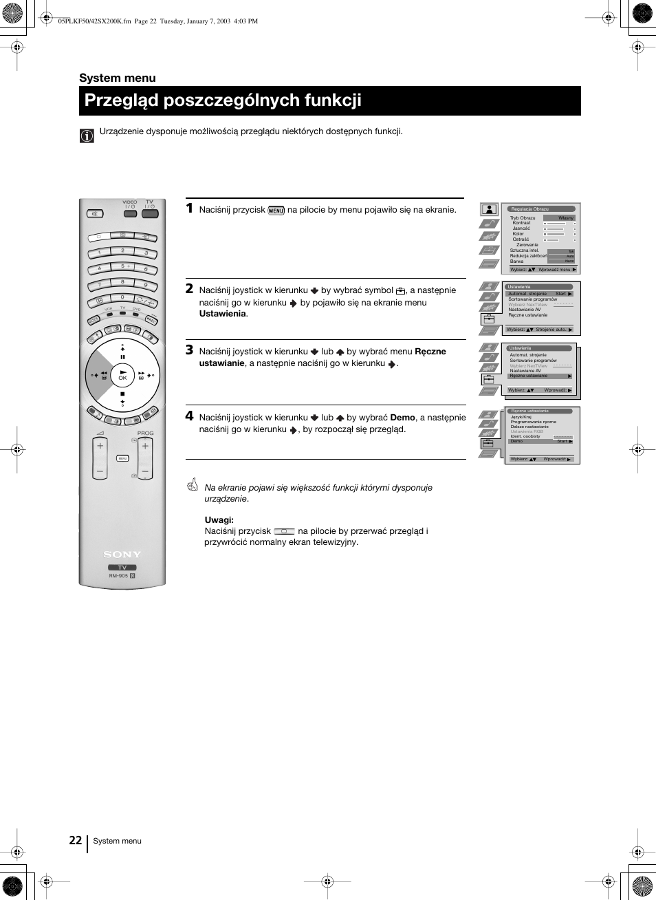 Przegląd poszczególnych funkcji, 22 system menu | Sony Grand Wega KF-42SX200K User Manual | Page 161 / 212