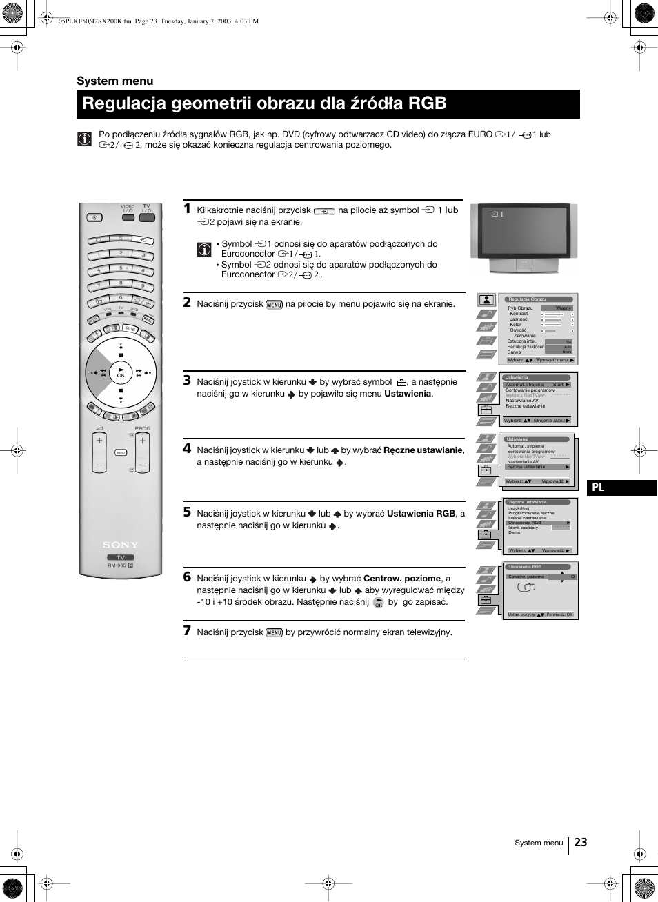 Regulacja geometrii obrazu dla źródła rgb, 23 pl, System menu | Sony Grand Wega KF-42SX200K User Manual | Page 162 / 212