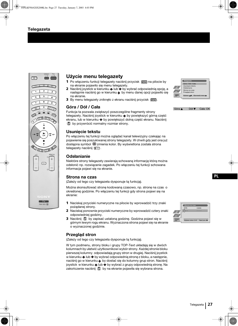 Użycie menu telegazety, 27 pl, Góra / dół / cała | Usunięcie tekstu, Odsłanianie, Strona na czas, Przegląd stron, Telegazeta | Sony Grand Wega KF-42SX200K User Manual | Page 166 / 212