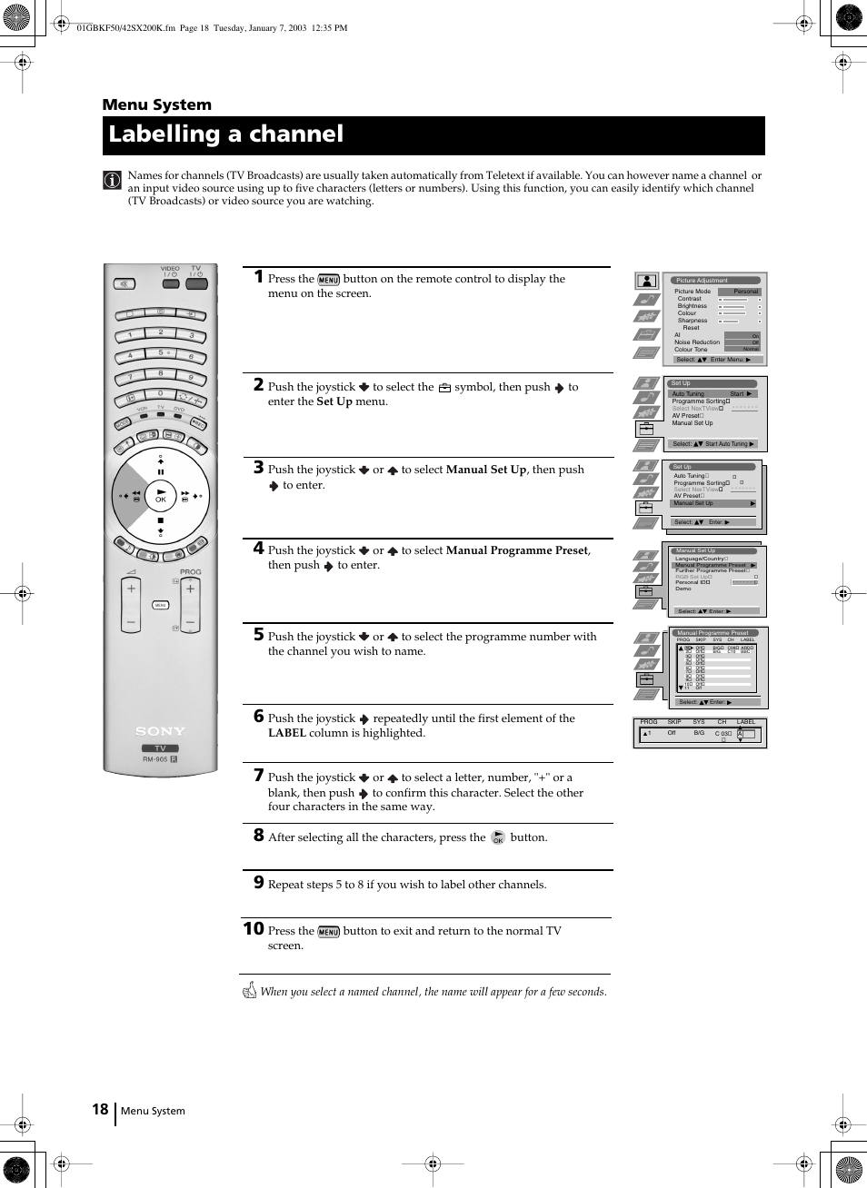 Labelling a channel, Menu system | Sony Grand Wega KF-42SX200K User Manual | Page 17 / 212