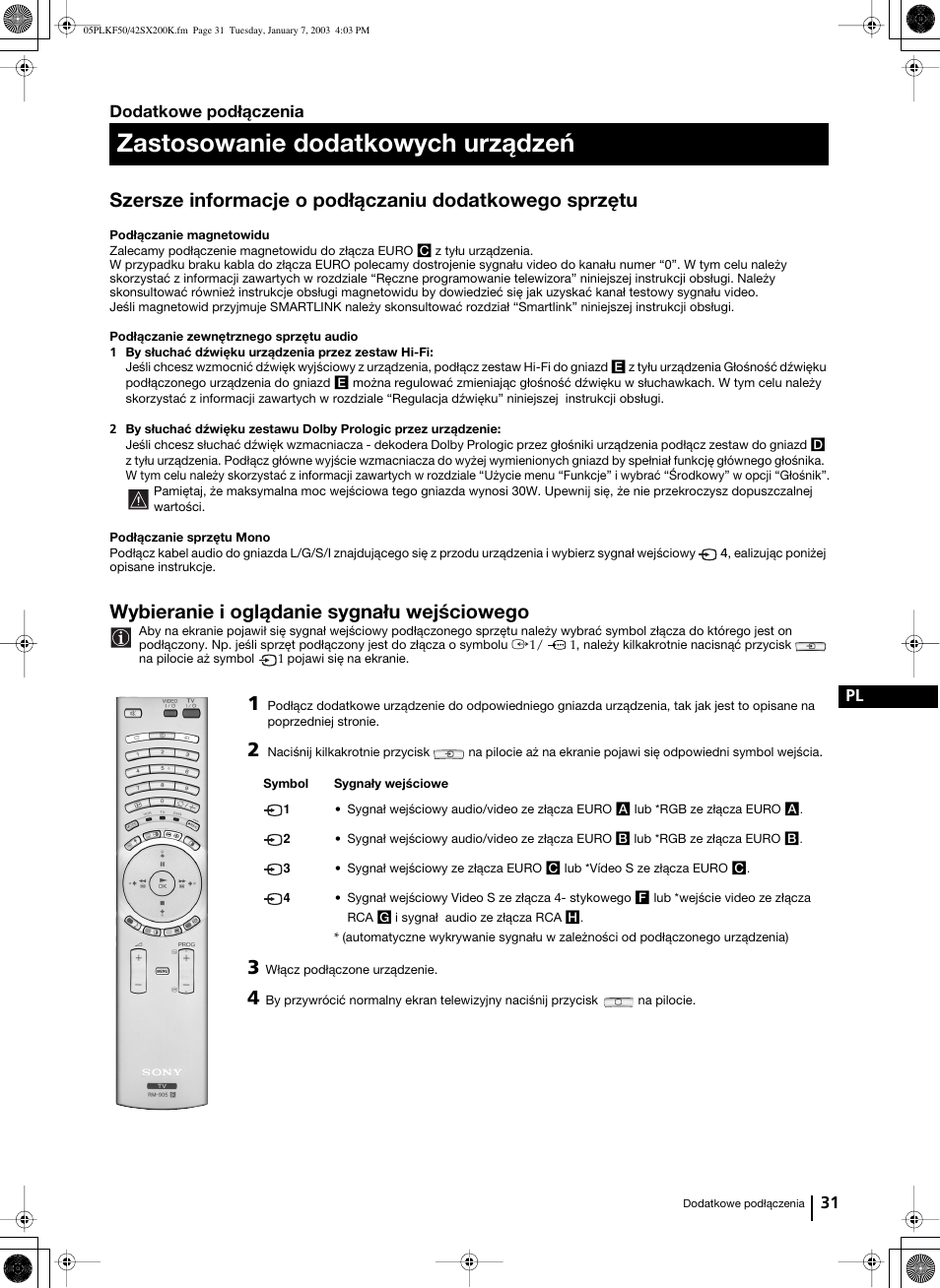 Zastosowanie dodatkowych urządzeń, Wybieranie i oglądanie sygnału wejściowego, 31 pl | Dodatkowe podłączenia | Sony Grand Wega KF-42SX200K User Manual | Page 170 / 212