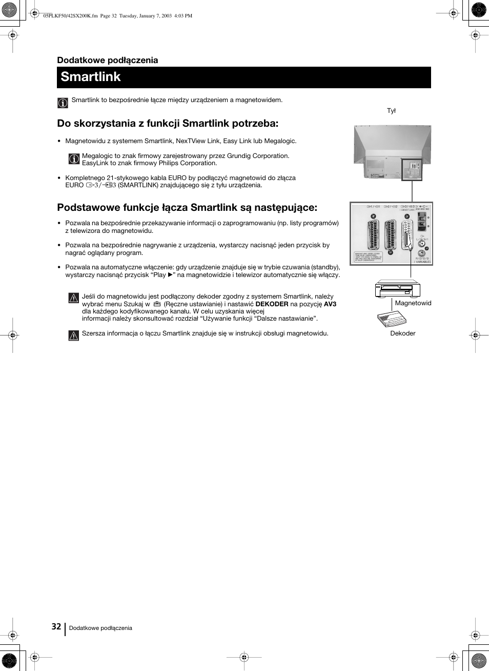 Smartlink, Do skorzystania z funkcji smartlink potrzeba, Podstawowe funkcje łącza smartlink są następujące | Dodatkowe podłączenia | Sony Grand Wega KF-42SX200K User Manual | Page 171 / 212