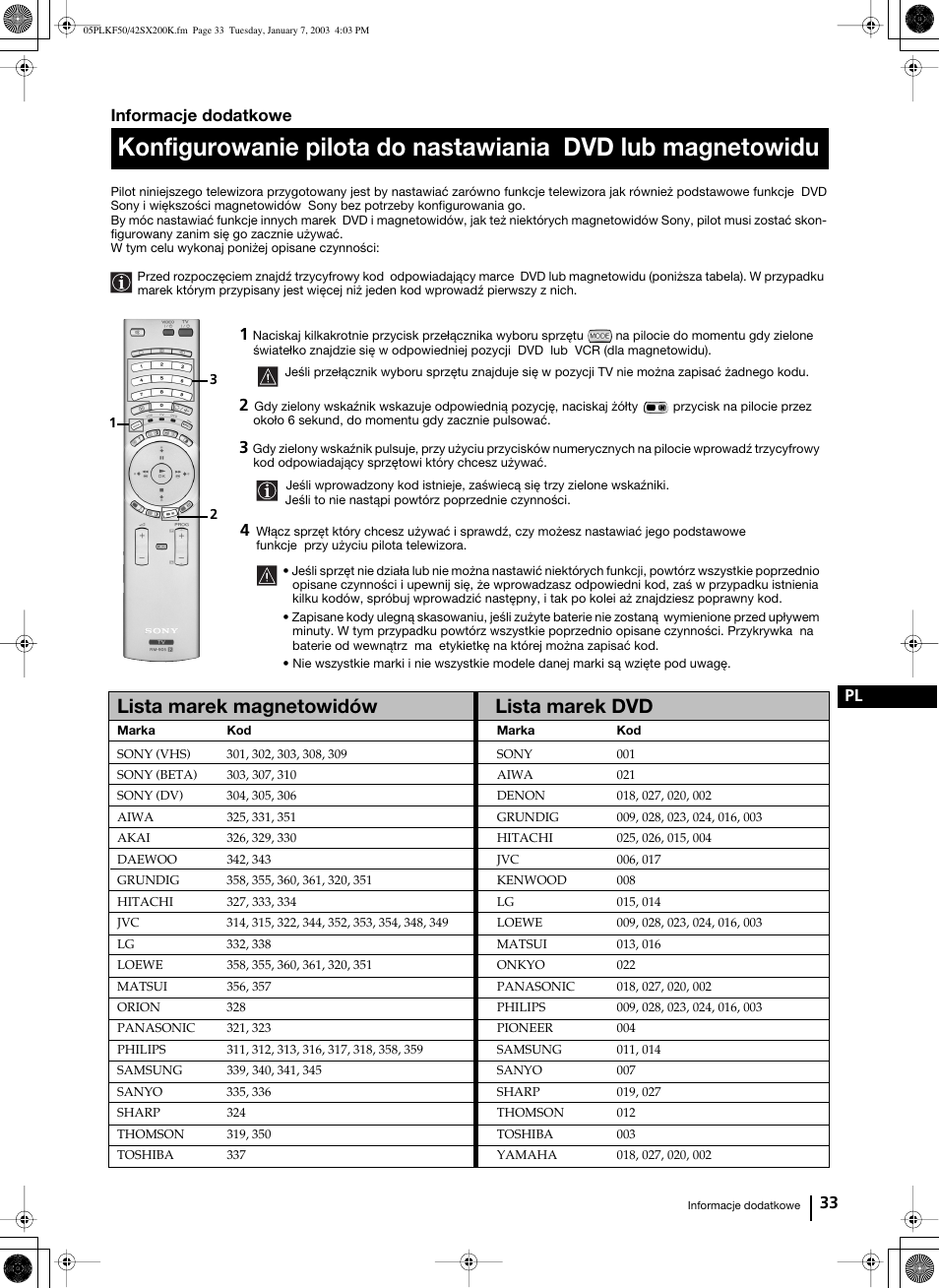 Lista marek magnetowidów lista marek dvd, 33 pl informacje dodatkowe | Sony Grand Wega KF-42SX200K User Manual | Page 172 / 212