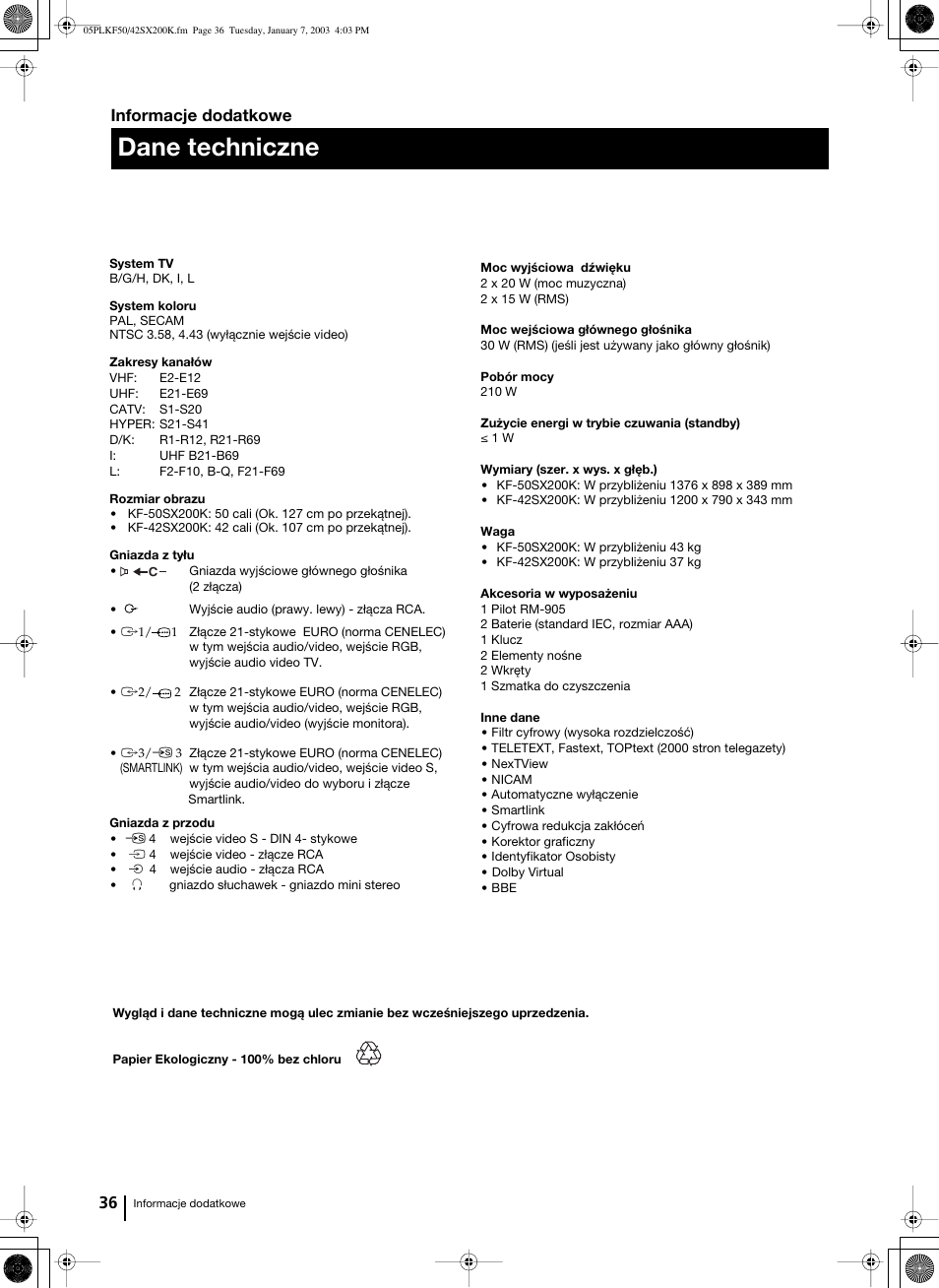 Dane techniczne, 36 informacje dodatkowe | Sony Grand Wega KF-42SX200K User Manual | Page 175 / 212