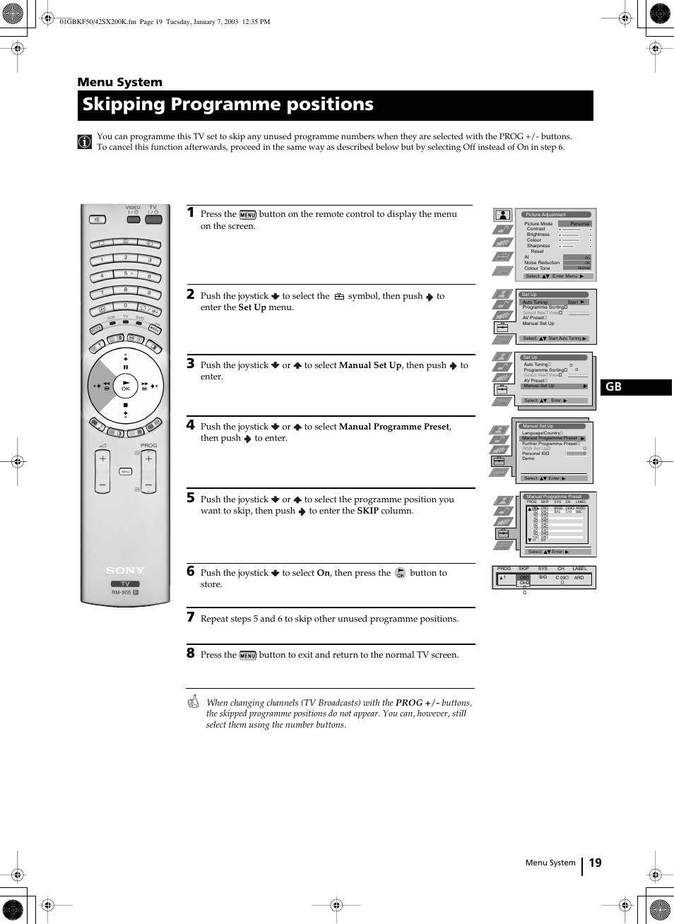 Skipping programme positions, 19 gb, Menu system | Sony Grand Wega KF-42SX200K User Manual | Page 18 / 212