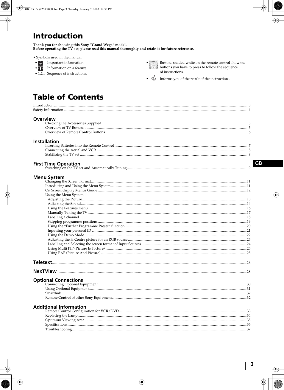 Sony Grand Wega KF-42SX200K User Manual | Page 2 / 212