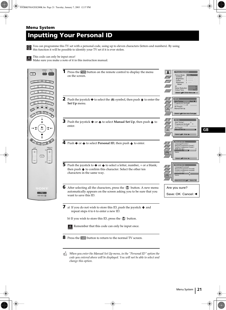 Inputting your personal id, 21 gb, Menu system | Sony Grand Wega KF-42SX200K User Manual | Page 20 / 212