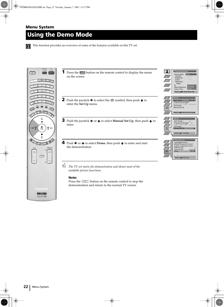 Using the demo mode, 22 menu system | Sony Grand Wega KF-42SX200K User Manual | Page 21 / 212