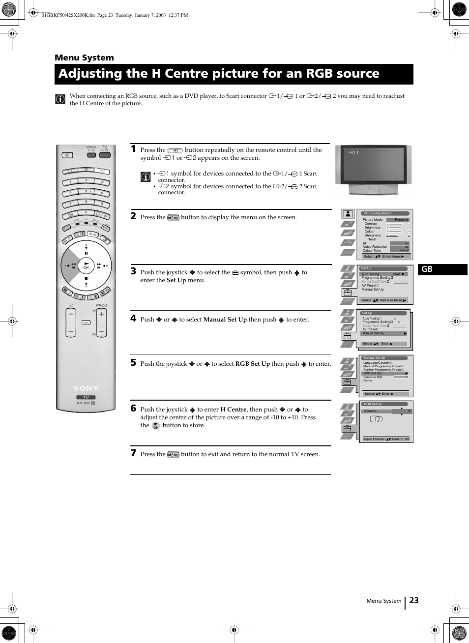 Adjusting the h centre picture for an rgb source, 23 gb, Menu system | Sony Grand Wega KF-42SX200K User Manual | Page 22 / 212