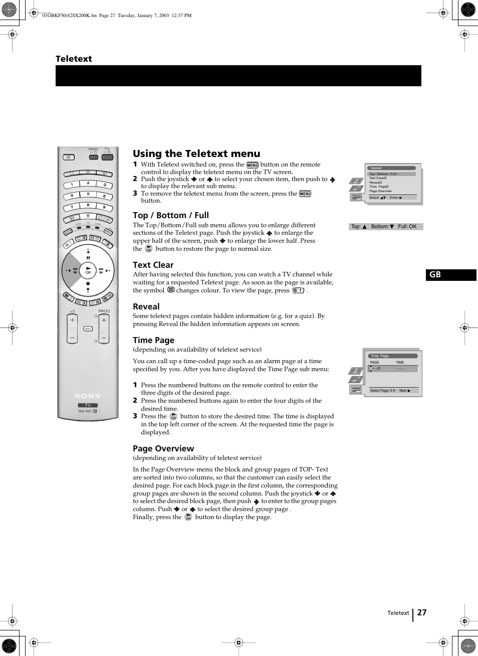 Using the teletext menu, 27 gb, Top / bottom / full | Text clear, Reveal, Time page, Page overview, Teletext | Sony Grand Wega KF-42SX200K User Manual | Page 26 / 212