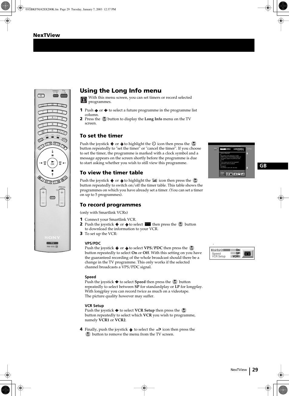 Using the long info menu, 29 gb, Nextview | Sony Grand Wega KF-42SX200K User Manual | Page 28 / 212