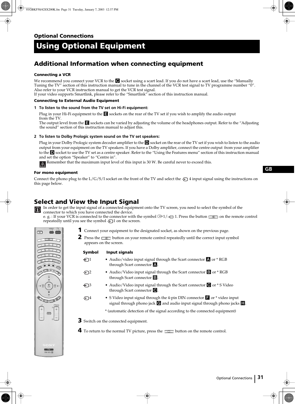 Using optional equipment, Additional information when connecting equipment, Select and view the input signal | 31 gb, Optional connections | Sony Grand Wega KF-42SX200K User Manual | Page 30 / 212