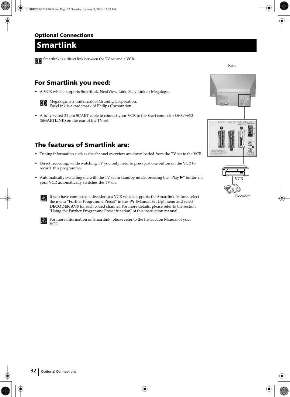 Smartlink, For smartlink you need, The features of smartlink are | Optional connections | Sony Grand Wega KF-42SX200K User Manual | Page 31 / 212