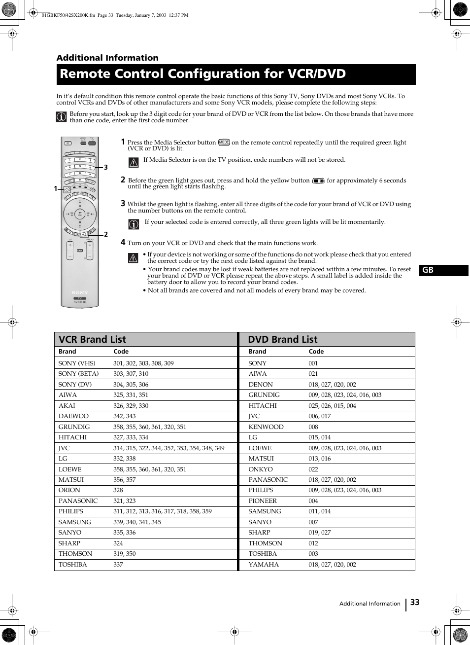 Remote control configuration for vcr/dvd, Vcr brand list dvd brand list, 33 gb additional information | Sony Grand Wega KF-42SX200K User Manual | Page 32 / 212