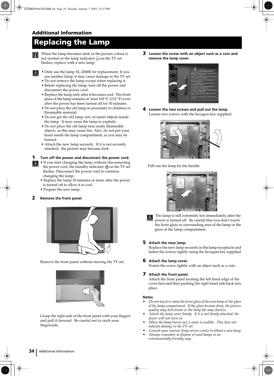 Replacing the lamp, Additional information | Sony Grand Wega KF-42SX200K User Manual | Page 33 / 212