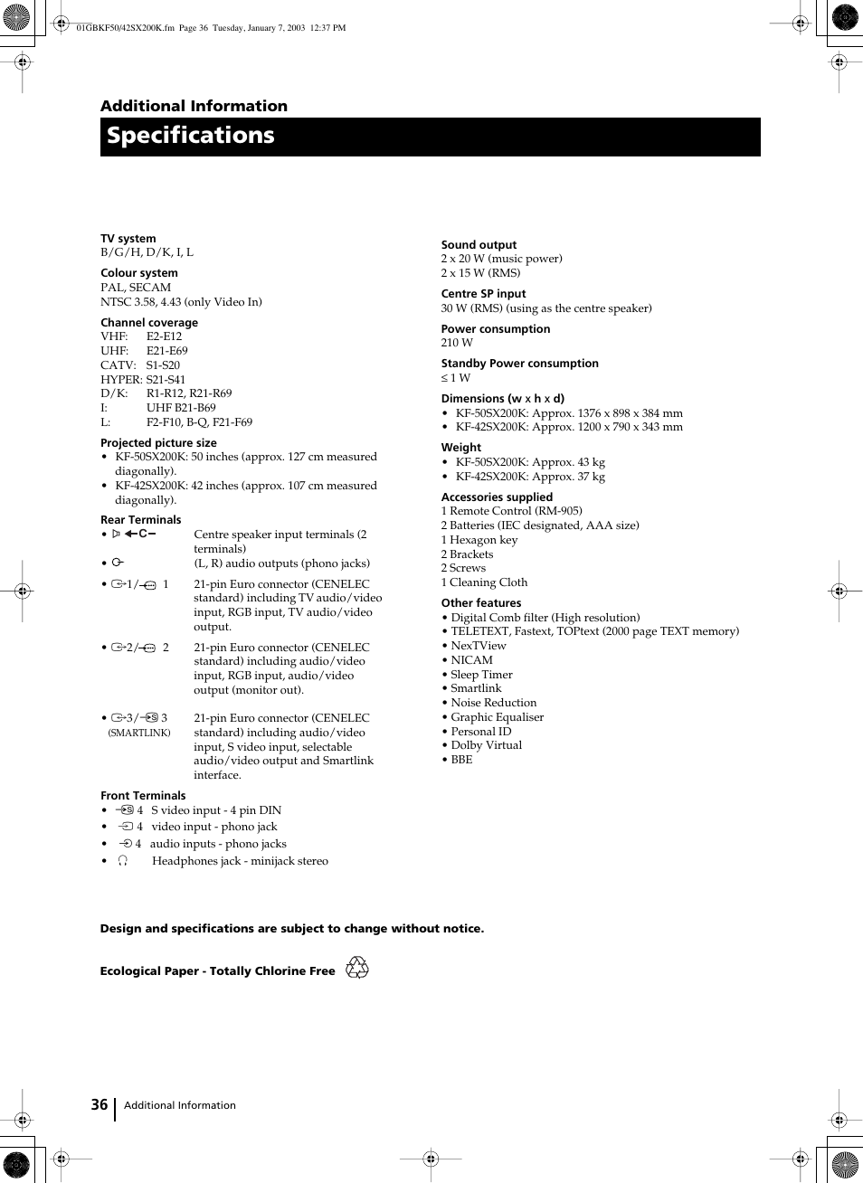 Specifications, Additional information | Sony Grand Wega KF-42SX200K User Manual | Page 35 / 212