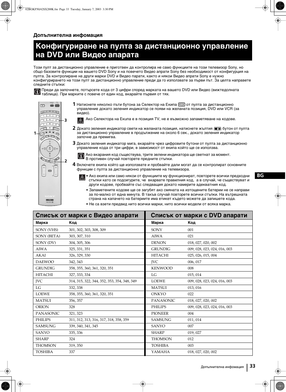 33 bg допълнителна инфомация | Sony Grand Wega KF-42SX200K User Manual | Page 67 / 212