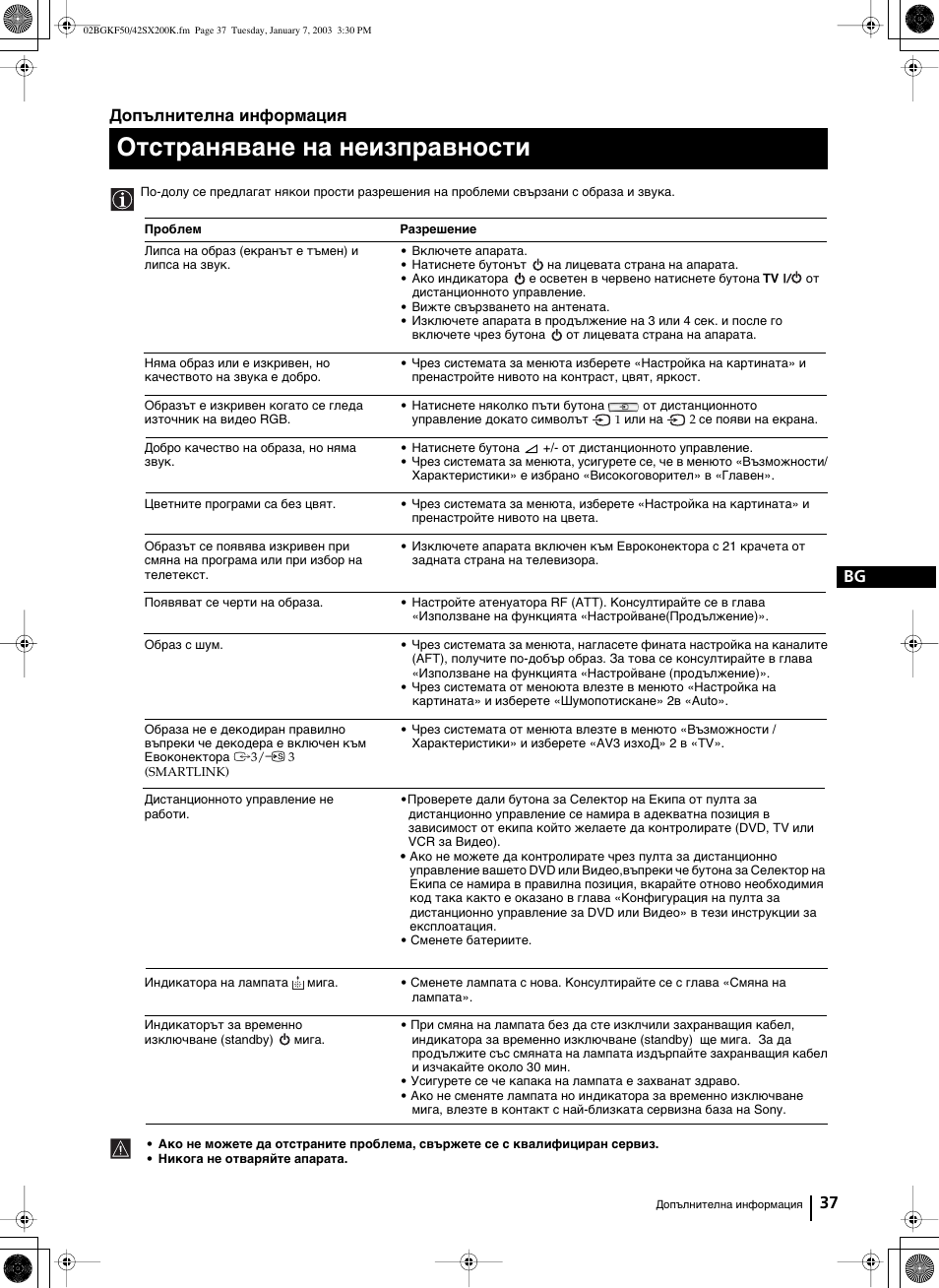 Oтcтpаняване на неизпpавнocти, 37 bg, Допълнителна информация | Sony Grand Wega KF-42SX200K User Manual | Page 71 / 212