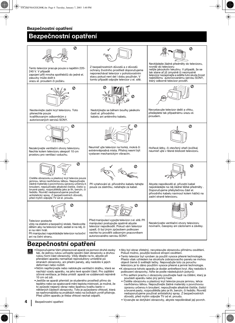 Bezpečnostní opatření | Sony Grand Wega KF-42SX200K User Manual | Page 73 / 212