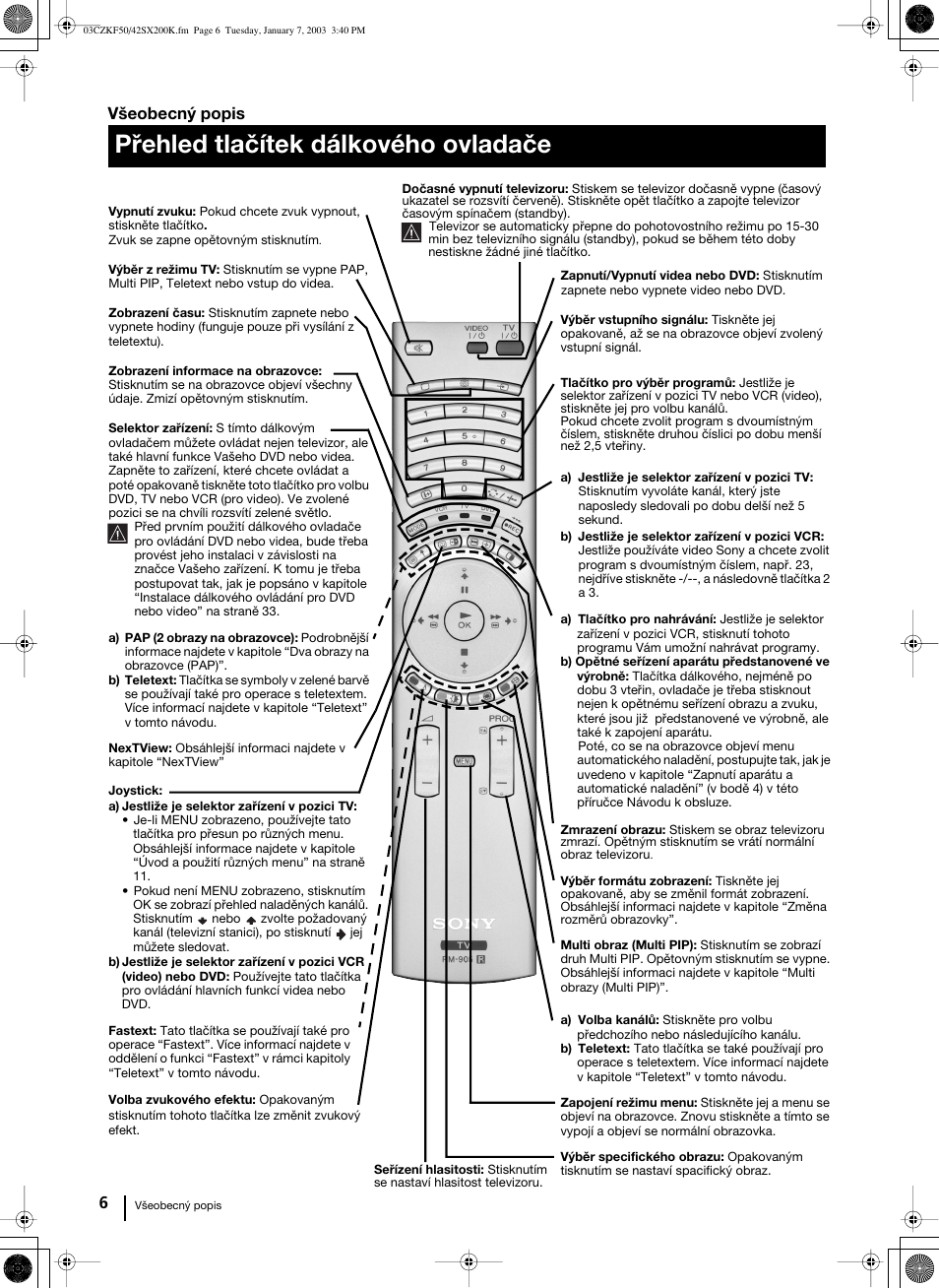 Přehled tlačítek dálkového ovladače, 6 všeobecný popis | Sony Grand Wega KF-42SX200K User Manual | Page 75 / 212