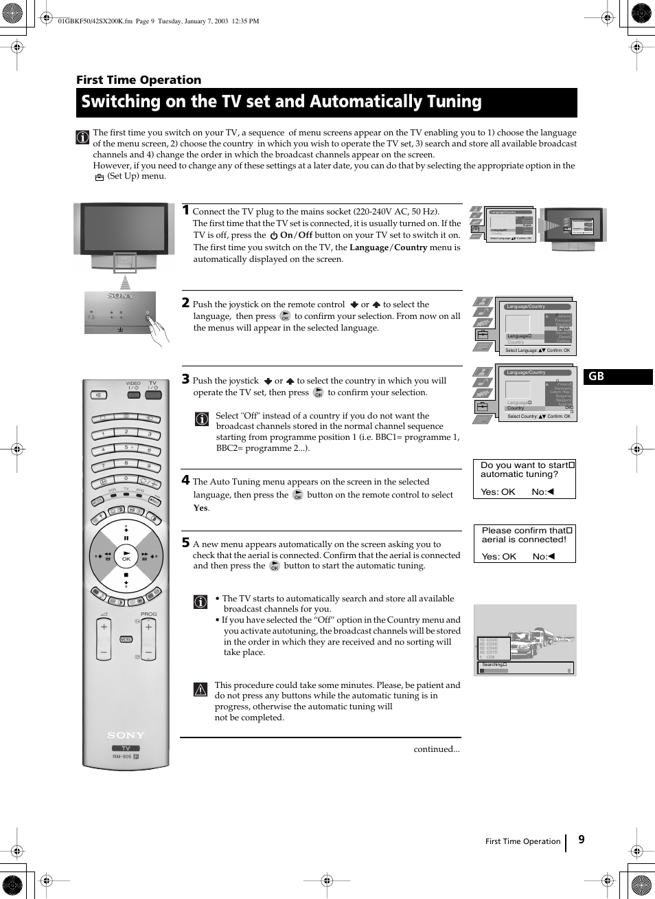 Switching on the tv set and automatically tuning, 9 gb first time operation | Sony Grand Wega KF-42SX200K User Manual | Page 8 / 212