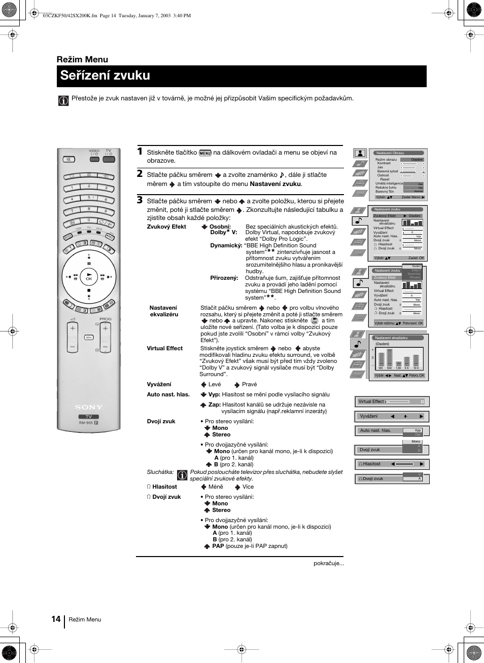 Seřízení zvuku, Režim menu | Sony Grand Wega KF-42SX200K User Manual | Page 83 / 212