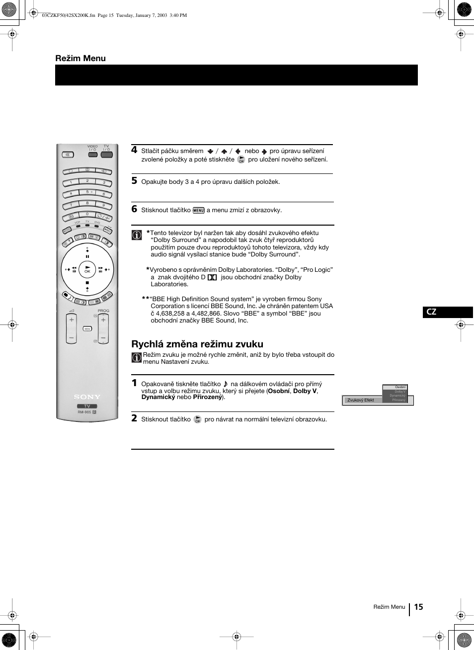 Rychlá změna režimu zvuku, 15 cz, Režim menu | Sony Grand Wega KF-42SX200K User Manual | Page 84 / 212