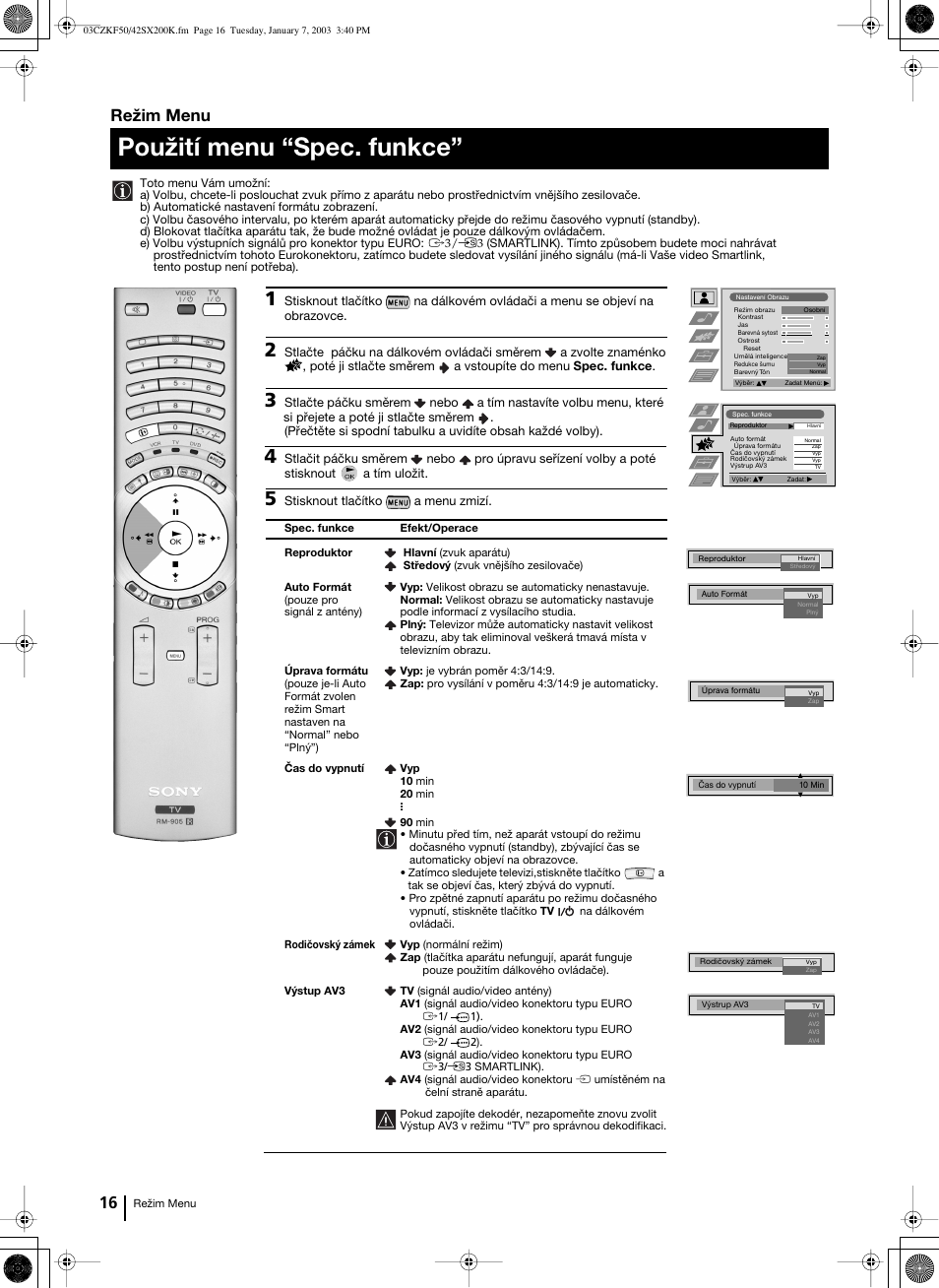 Použití menu “spec. funkce, Režim menu | Sony Grand Wega KF-42SX200K User Manual | Page 85 / 212