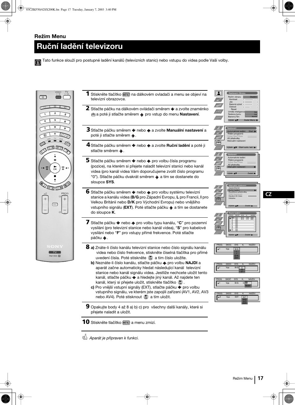 Ruční ladění televizoru, 17 cz, Režim menu | Sony Grand Wega KF-42SX200K User Manual | Page 86 / 212