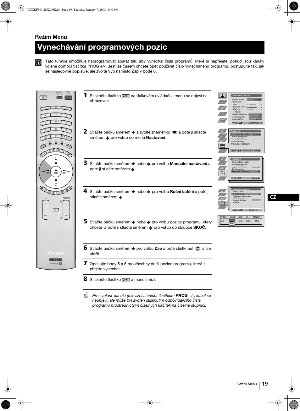 Vynechávání programových pozic, 19 cz, Režim menu | Sony Grand Wega KF-42SX200K User Manual | Page 88 / 212