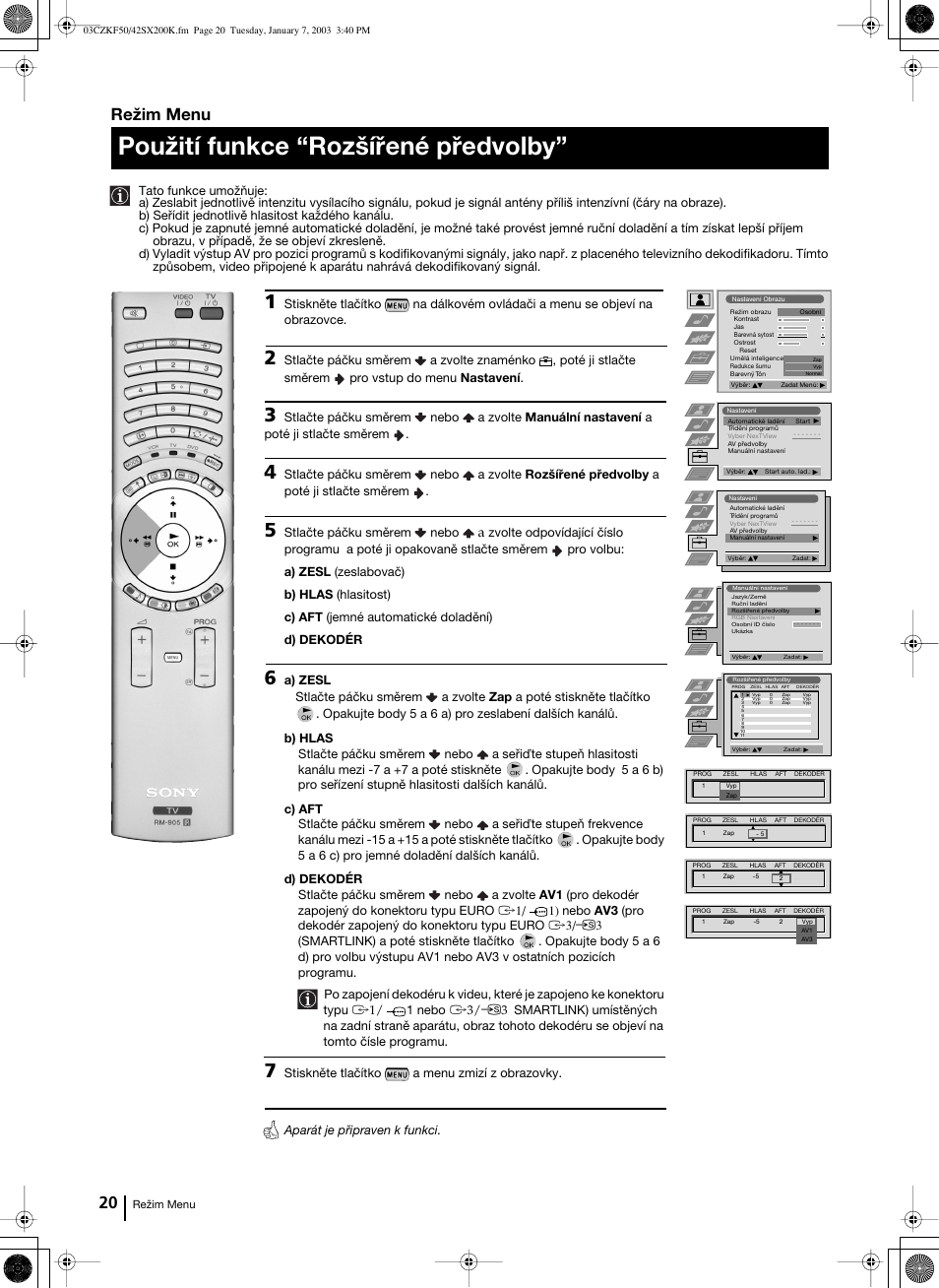 Použití funkce “rozšířené předvolby, Režim menu | Sony Grand Wega KF-42SX200K User Manual | Page 89 / 212