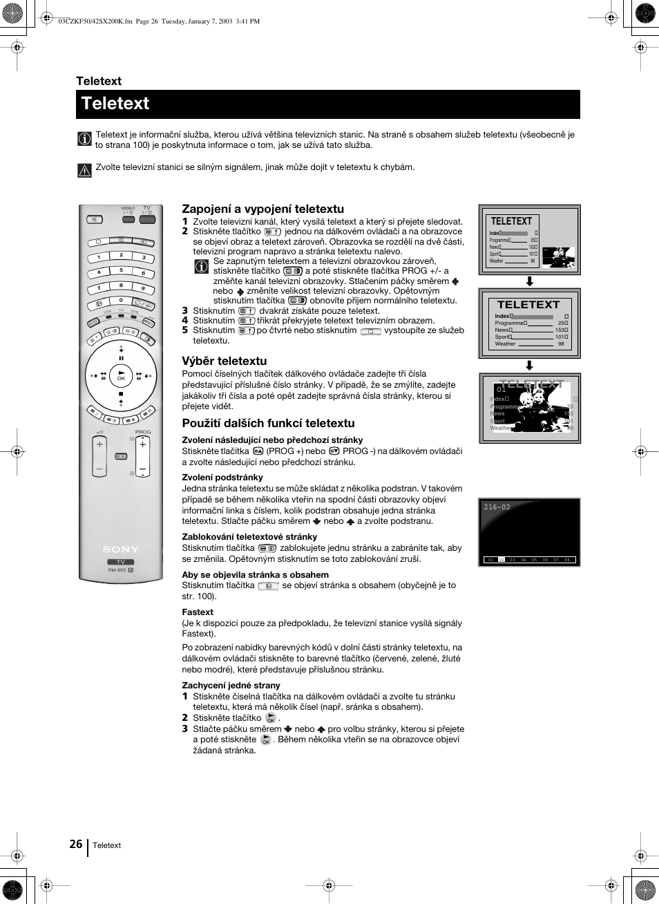 Zapojení a vypojení teletextu, Výběr teletextu, Použití dalších funkcí teletextu | Teletext | Sony Grand Wega KF-42SX200K User Manual | Page 95 / 212