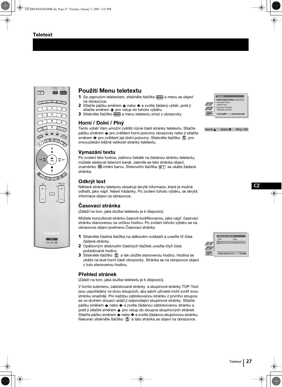 Použití menu teletextu, 27 cz, Horní / dolní / plný | Vymazání textu, Odkrýt text, Časovací stránka, Přehled stránek, Teletext | Sony Grand Wega KF-42SX200K User Manual | Page 96 / 212