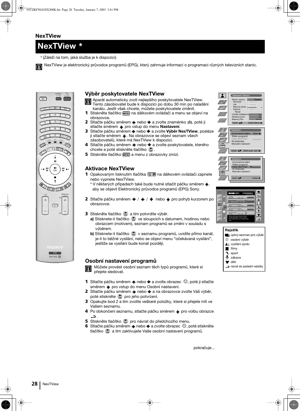 Nextview, Výběr poskytovatele nextview, Aktivace nextview | Osobní nastavení programů | Sony Grand Wega KF-42SX200K User Manual | Page 97 / 212