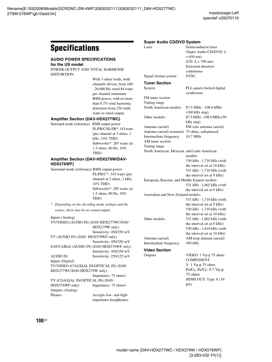 Specifications | Sony DAV-HDX277WC User Manual | Page 108 / 124