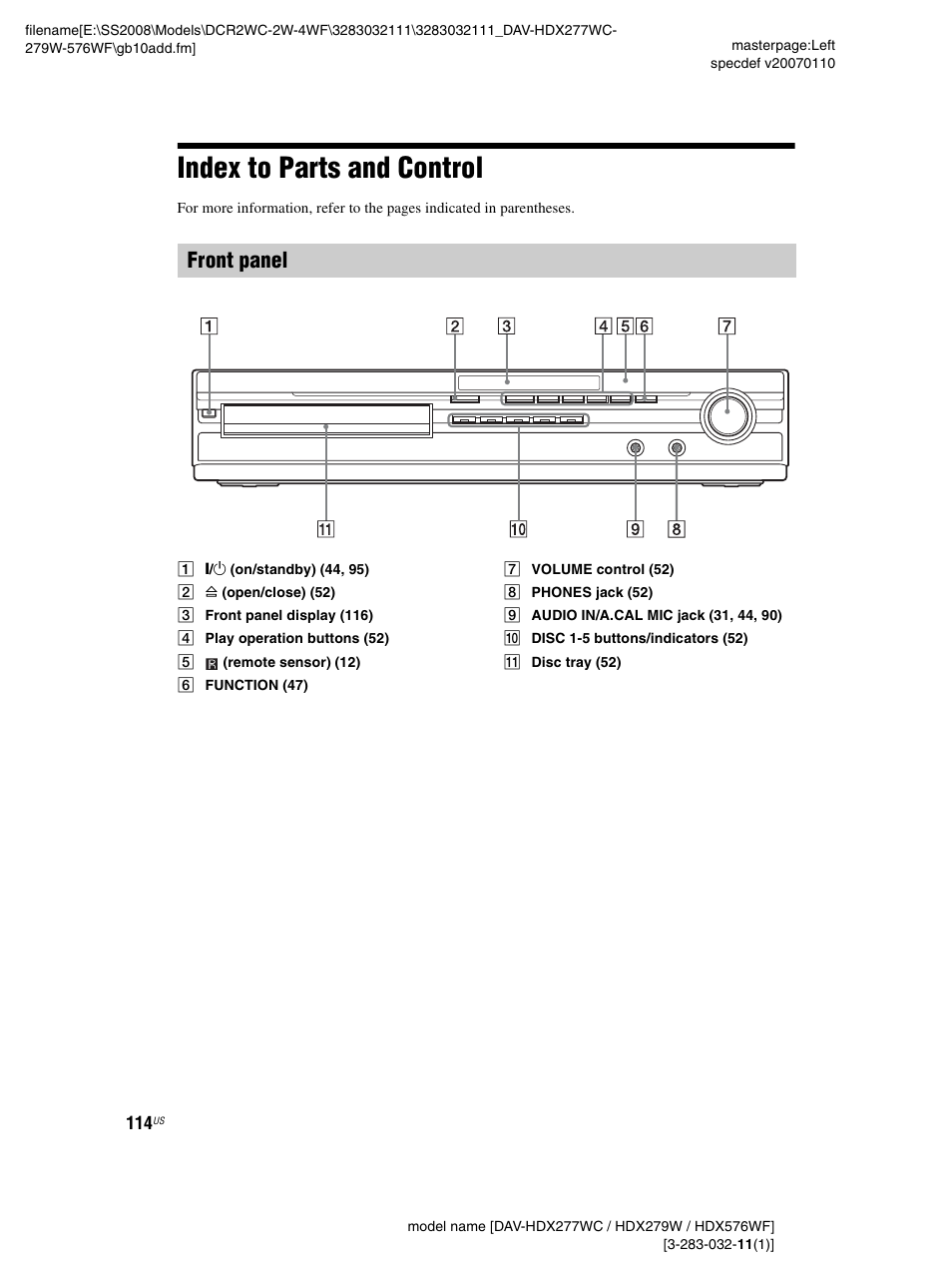 Index to parts and control, Front panel | Sony DAV-HDX277WC User Manual | Page 114 / 124