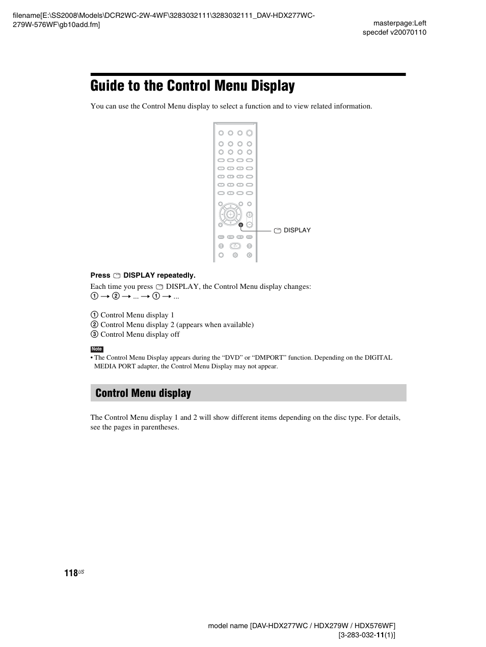 Guide to the control menu display, Control menu display | Sony DAV-HDX277WC User Manual | Page 118 / 124