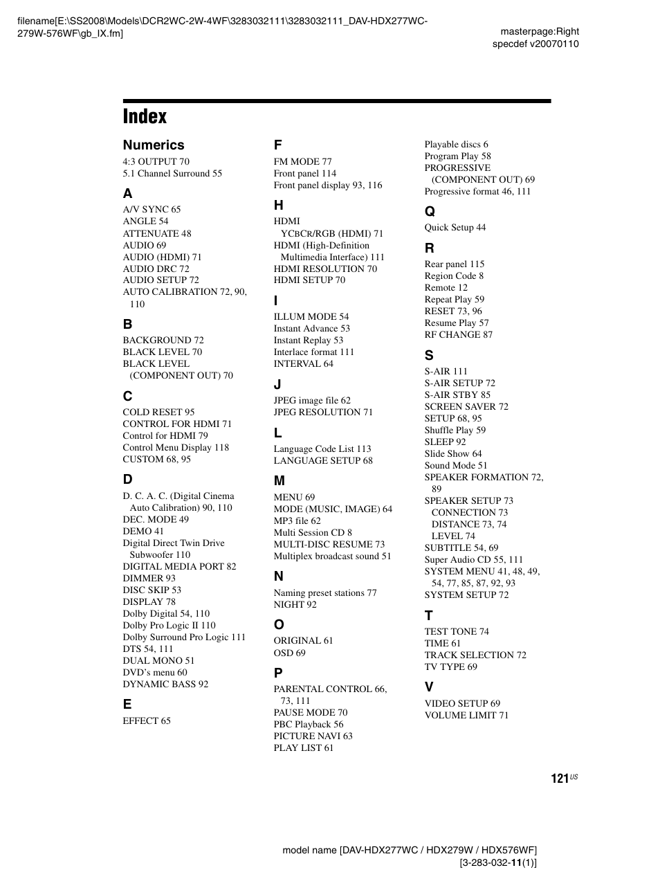 Index, Numerics | Sony DAV-HDX277WC User Manual | Page 121 / 124