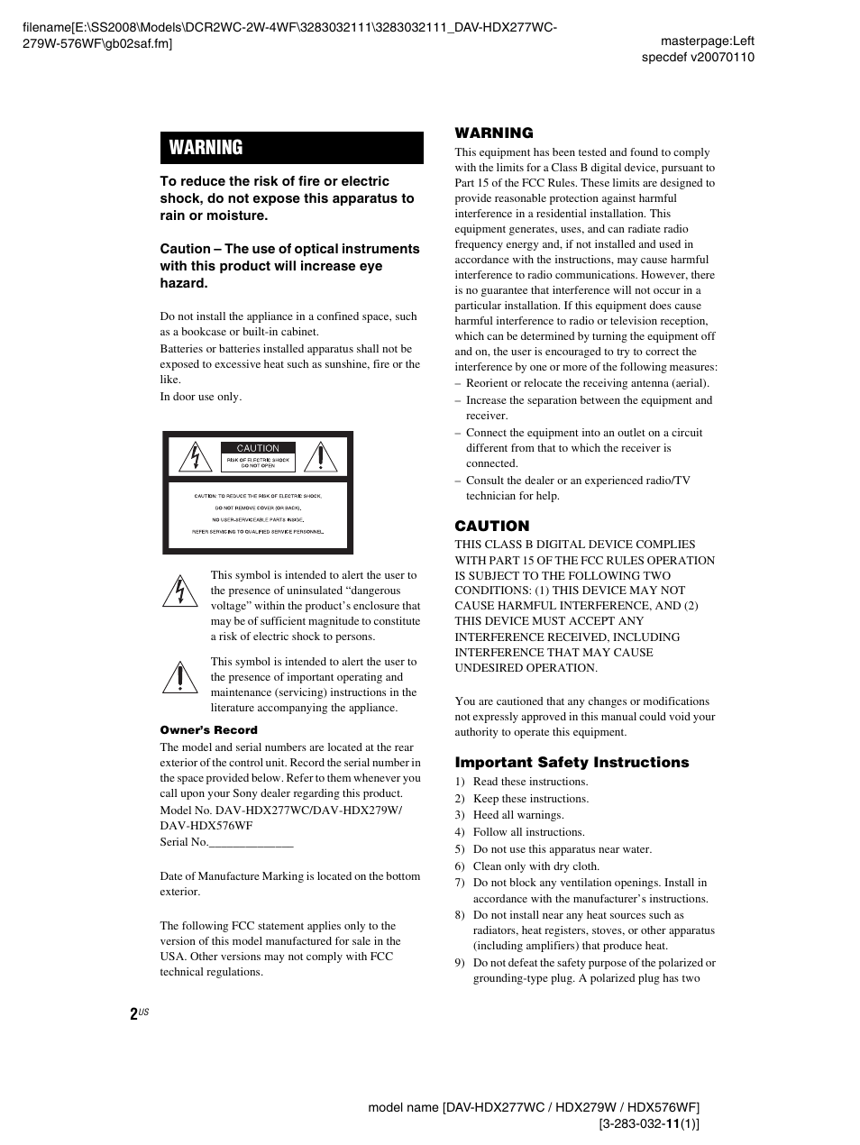Warning | Sony DAV-HDX277WC User Manual | Page 2 / 124