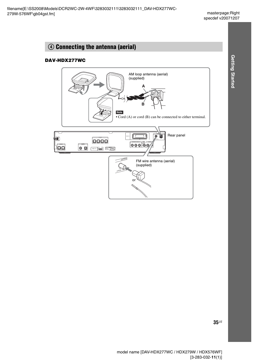 4 connecting the antenna (aerial), 4connecting the antenna (aerial), Gettin g star ted dav-hdx277wc | Sony DAV-HDX277WC User Manual | Page 35 / 124